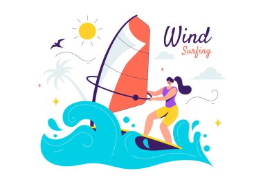 Yelkenli teknede duran, yelkenliyi tutan düz arkaplanda ekstrem su sporu yapan bir insanla rüzgar sörfünün vektör çizimi