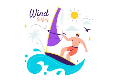 Yelkenli teknede duran, yelkenliyi tutan düz arkaplanda ekstrem su sporu yapan bir insanla rüzgar sörfünün vektör çizimi
