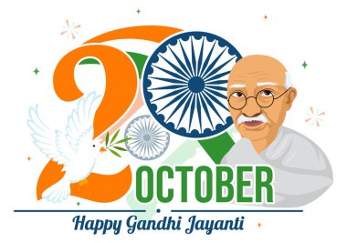 Mutlu Gandhi Jayanti Günü, 2 Ekim 'de Hindistan' da kutlanan ve Gandhi 'nin doğum gününü Düz Çizgi Film Arkaplan Vektör İllüstrasyonunda kutlayan bir etkinliktir.