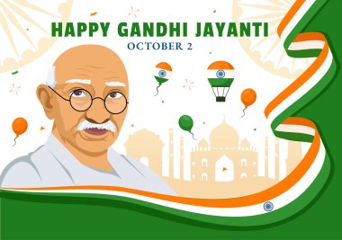 Mutlu Gandhi Jayanti Günü, 2 Ekim 'de Hindistan' da kutlanan ve Gandhi 'nin doğum gününü Düz Çizgi Film Arkaplan Vektör İllüstrasyonunda kutlayan bir etkinliktir.