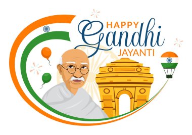 Mutlu Gandhi Jayanti Günü, 2 Ekim 'de Hindistan' da kutlanan ve Gandhi 'nin doğum gününü Düz Çizgi Film Arkaplan Vektör İllüstrasyonunda kutlayan bir etkinliktir.