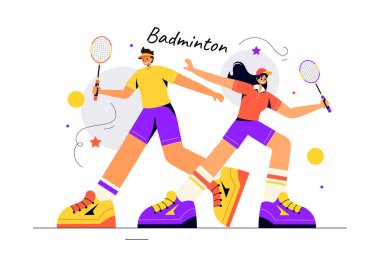 Bir Badminton oyuncusunun sahada bir mekiği ve raketi olan vektör ilülasyonu, Düz bir Arkaplan ile Spor Faaliyeti olarak Spor 'da rekabet