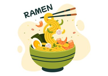 Erişte, çubuk, Miso Çorbası, Haşlanmış Yumurta ve Düz Tarzlı Çizgi Roman Nori 'nin Ramen Vektör İllüstrasyonu