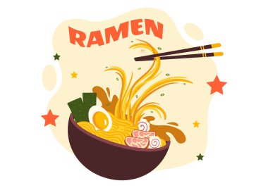 Erişte, çubuk, Miso Çorbası, Haşlanmış Yumurta ve Düz Tarzlı Çizgi Roman Nori 'nin Ramen Vektör İllüstrasyonu