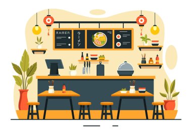 Tercümesi: Ramen. Japon Yemeklerinin Vektör İllüstrasyonunda Erişte, Yemek Çubuğu, Miso Çorbası, Kaynamış Yumurta ve Düz Arkaplanda Izgara Nori