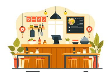 Tercümesi: Ramen. Japon Yemeklerinin Vektör İllüstrasyonunda Erişte, Yemek Çubuğu, Miso Çorbası, Kaynamış Yumurta ve Düz Arkaplanda Izgara Nori