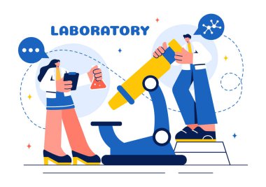 Bilimsel Araştırma, Deney ve Düz Çizgi Film Tarzında Ölçüm Laboratuvarının Vektör İllüstrasyonuName