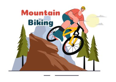 Dağ Bisikletçisi İllüstrasyonunda Bisikletçiler Spor, Boş Zaman ve Düz Arkaplanda Sağlıklı Yaşam İçin Dağlardan İniyor