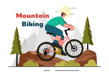 Dağ Bisikletçisi İllüstrasyonunda Bisikletçiler Spor, Boş Zaman ve Düz Arkaplanda Sağlıklı Yaşam İçin Dağlardan İniyor