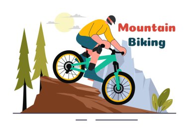 Dağ Bisikletçisi İllüstrasyonunda Bisikletçiler Spor, Boş Zaman ve Düz Arkaplanda Sağlıklı Yaşam İçin Dağlardan İniyor