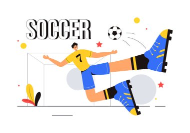 Futbol Ligi ve Spor Maçı için Yeşil Saha 'da Futbol Topu Tekmeleyen Bir Adam Çizgi Film Arkaplanda