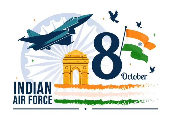 stock vector Indian Air Force Day Vector Illustration on 8th October, featuring a Waving Flag, Armed Forces, and Fighter Jet in a National Holiday Flat Background