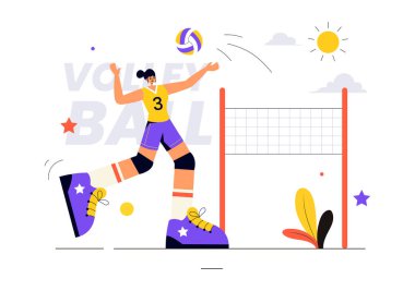 Çizgi film arkaplanlı bir Spor Yarışma Serisi için bir Voleybol Oyuncusunun Düz Stil Vektör İllüstrasyonu