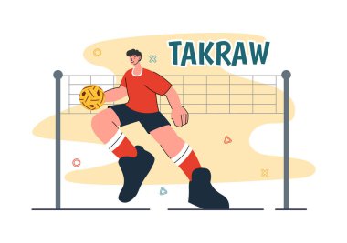 Sepak Takraw Vektör Illustration with Athlete Kicking the Court during a Sports Raconship in Flat Style Arkaplan