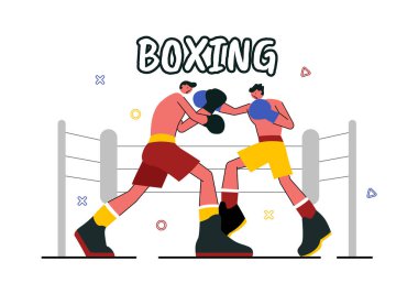 Profesyonel Boks Sporu Vektörü İllüstrasyonunda Kırmızı Eldiven Giyen ve Rekabet, Antrenman Sahneleri ve Kask Giyen Bir Boksör