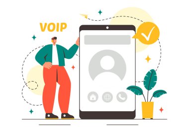 Düz Arkaplanda Telefon Şeması Teknolojisi ve Ağ Telefon Çağrı Yazılımı ile İnternet Üzerindeki Ses Protokolü Vektör İllüzyonu