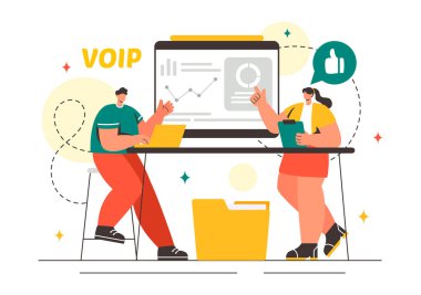 Düz Arkaplanda Telefon Şeması Teknolojisi ve Ağ Telefon Çağrı Yazılımı ile İnternet Üzerindeki Ses Protokolü Vektör İllüzyonu