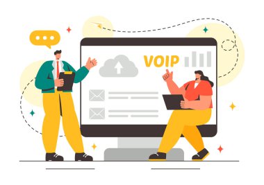 Düz Arkaplanda Telefon Şeması Teknolojisi ve Ağ Telefon Çağrı Yazılımı ile İnternet Üzerindeki Ses Protokolü Vektör İllüzyonu