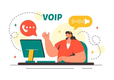 Düz Arkaplanda Telefon Şeması Teknolojisi ve Ağ Telefon Çağrı Yazılımı ile İnternet Üzerindeki Ses Protokolü Vektör İllüzyonu