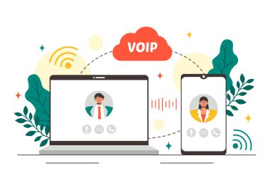 Düz Arkaplanda Telefon Şeması Teknolojisi ve Ağ Telefon Çağrı Yazılımı ile İnternet Üzerindeki Ses Protokolü Vektör İllüzyonu
