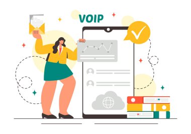 Düz Arkaplanda Telefon Şeması Teknolojisi ve Ağ Telefon Çağrı Yazılımı ile İnternet Üzerindeki Ses Protokolü Vektör İllüzyonu