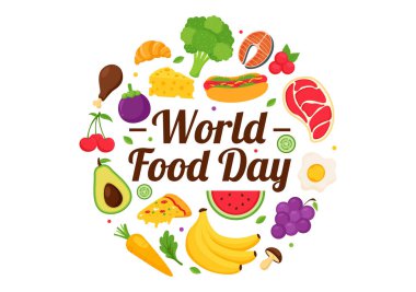 Dünya Gıda Günü Vektör İllüstrasyonu 16 Ekim 'de Çeşitli Gıda, Meyve ve Sebze ve Düz Tarzlı Çizgi Film Arkaplanında