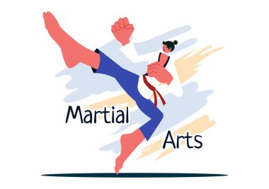 Yüksek Tekme Egzersizi Yapan, Karate Yapan veya Düz Arkaplanda Dövüş Pozisyonları Yapan Bir Atletle Dövüş Sanatları Vektörü İlülasyonu