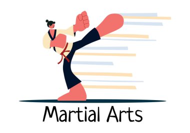 Yüksek Tekme Egzersizi Yapan, Karate Yapan veya Düz Arkaplanda Dövüş Pozisyonları Yapan Bir Atletle Dövüş Sanatları Vektörü İlülasyonu