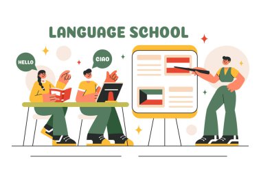 Çevrimiçi Öğrenme, Kurslar, Eğitim Programları ve Yabancı Dilleri Yurtdışında Düz Tarzda Öğrenmenin Dil Okulu Vektör İlülasyonu