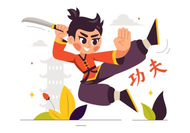Çince Çevirisi: Çin Dövüş Sanatlarını Düztabanlı Çizgi Film Arkaplan Resimlerinde Gösteren İnsanlarla Kung Fu