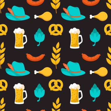 Festive Oktoberfest Kusursuz Şablon Tasarımı Bira, Sosis ve Krakerler Düz Çizgi Çizim
