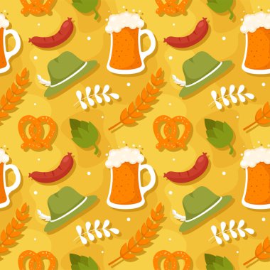 Festive Oktoberfest Kusursuz Şablon Tasarımı Bira, Sosis ve Krakerler Düz Çizgi Çizim