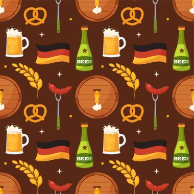 Festive Oktoberfest Kusursuz Şablon Tasarımı Bira, Sosis ve Krakerler Düz Çizgi Çizim