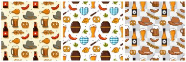 Festive Oktoberfest Kusursuz Şablon Tasarımı Bira, Sosis ve Krakerler Düz Çizgi Çizim