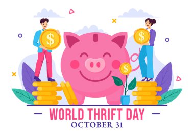 World Thrift Day Vector Illustration on 31 October with a Piggy Bank and Coins for Saving, Financial Literacy, and Economic Stability in a Background clipart