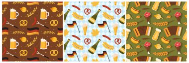 Festive Oktoberfest Kusursuz Şablon Tasarımı Bira, Sosis ve Krakerler Düz Çizgi Çizim