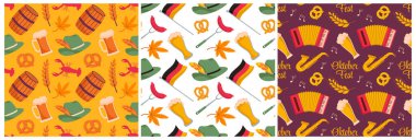 Festive Oktoberfest Kusursuz Şablon Tasarımı Bira, Sosis ve Krakerler Düz Çizgi Çizim