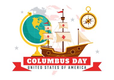 Ulusal Amerikan Tatili 'nin yer aldığı Kolomb Günü vektör illüstrasyonunuz kutlu olsun. Bir Gemi ve Amerikan Bayrağı Düz Çizgi Film Tasarımı Gösteriliyor.