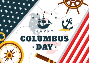 Ulusal Amerikan Tatili 'nin yer aldığı Kolomb Günü vektör illüstrasyonunuz kutlu olsun. Bir Gemi ve Amerikan Bayrağı Düz Çizgi Film Tasarımı Gösteriliyor.
