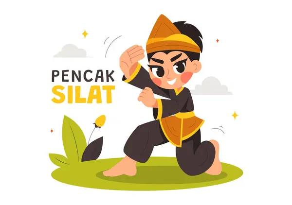 stock vector Pencak Silat Sport Vector Illustration featuring Martial Artists Posing in Traditional Indonesian Fighting Stances, in a Flat Style Cartoon Background