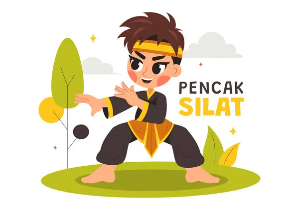 stock vector Pencak Silat Sport Vector Illustration featuring Martial Artists Posing in Traditional Indonesian Fighting Stances, in a Flat Style Cartoon Background