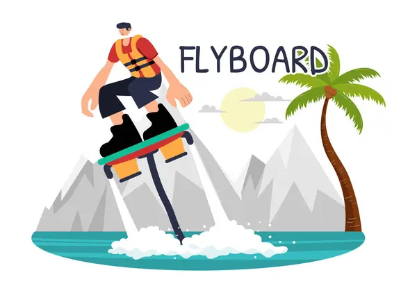 stock vector Flyboard Vector Illustration featuring People Riding a Jet Pack during Summer Beach Vacations in a Flat Style Extreme Water Sports Cartoon Background