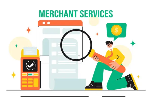 stock vector Merchant Services Vector Illustration of a Digital Marketing Strategy with People Referring Businesses and Earning Money Online in a Flat Background