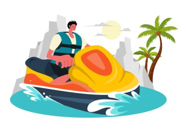 Flat Extreme Su Sporları Arkaplanındaki Yaz Tatil ve Tatil Sahil Aktiviteleri ile Jet Kayaklarına Binen İnsanların Vektör İlülasyonu
