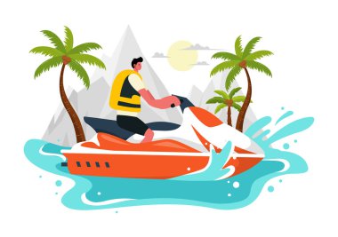 Flat Extreme Su Sporları Arkaplanındaki Yaz Tatil ve Tatil Sahil Aktiviteleri ile Jet Kayaklarına Binen İnsanların Vektör İlülasyonu