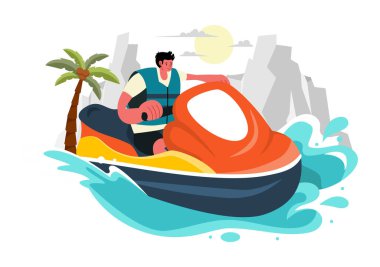 Flat Extreme Su Sporları Arkaplanındaki Yaz Tatil ve Tatil Sahil Aktiviteleri ile Jet Kayaklarına Binen İnsanların Vektör İlülasyonu