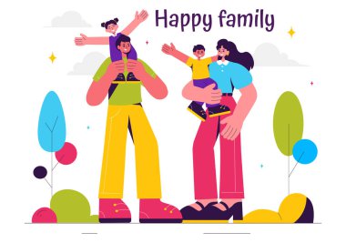 Anne, baba ve çocukların Düz Tarzlı Çizgi Filmde Sevgi ve Mutluluğu Kutladığı Mutlu Aile Vektörü Resimleri