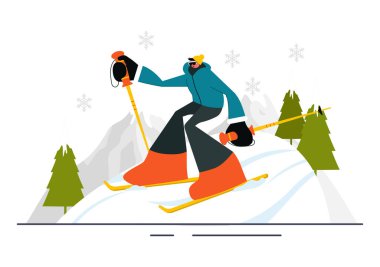 Kayak Vektörü İllüstrasyonunda Düz Kış Spor Faaliyetleri Tarzı Çizgi Filminde Kayakçılar Bir Dağdan Kayak Merkezinde Kayıyor