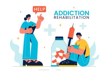 Bir Yatılı Uyuşturucu Rehabilitasyon Merkezi, Tedavi Yöntemleri ve Tıbbi Koşulların İstikrar Yöntemlerini içeren Bağımlılık Rehabilitasyon Vektörü İllüstrasyonu