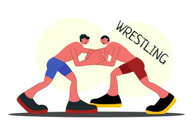 Güreşçi Vektör Resimlerinde İki Dövüşçü Boks Yarışması ya da Şampiyonluk Maçı Düz Tarzlı Çizgi Film Arkaplanda